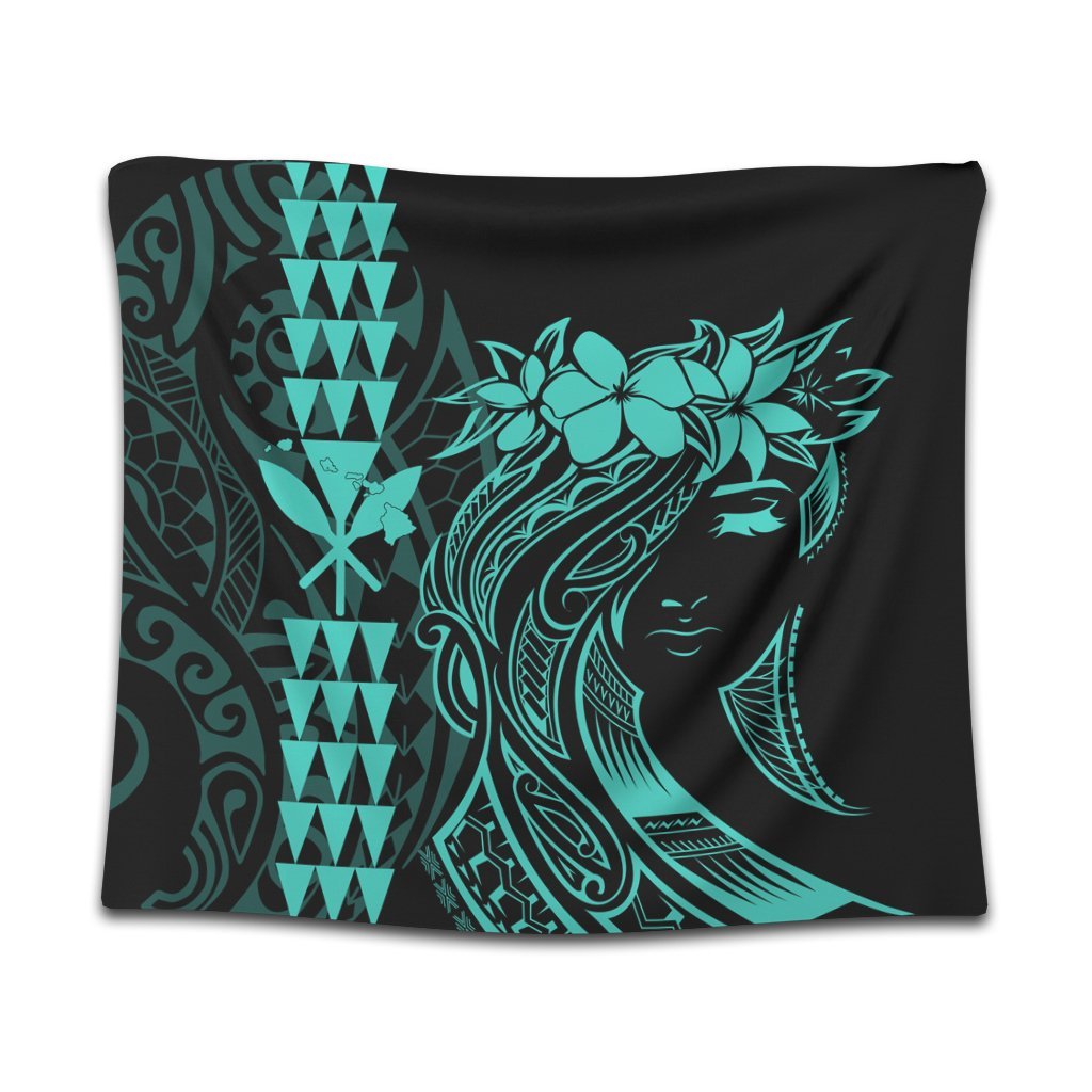 Hawaii Map Kanaka Polynesian Hula Girl Tapestry Turquoise - AH - J5C Wall Tapestry Black - Polynesian Pride