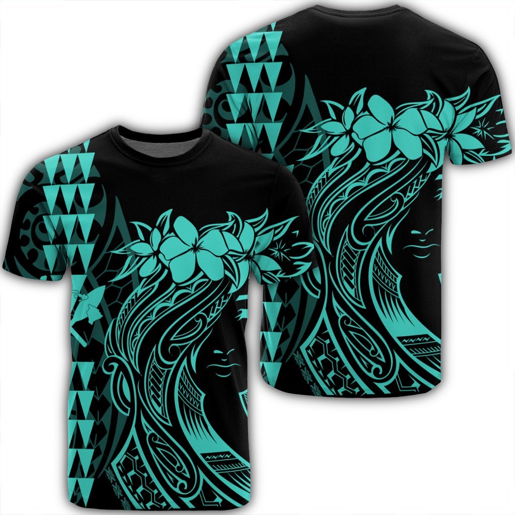 Hawaii Map Kanaka Polynesian Hula Girl T Shirt Turquoise J5R Unisex Black - Polynesian Pride