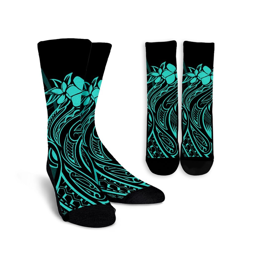 Hawaii Map Kanaka Polynesian Hula Girl Crew Socks Turquoise - AH - J5R Crew Socks White - Polynesian Pride