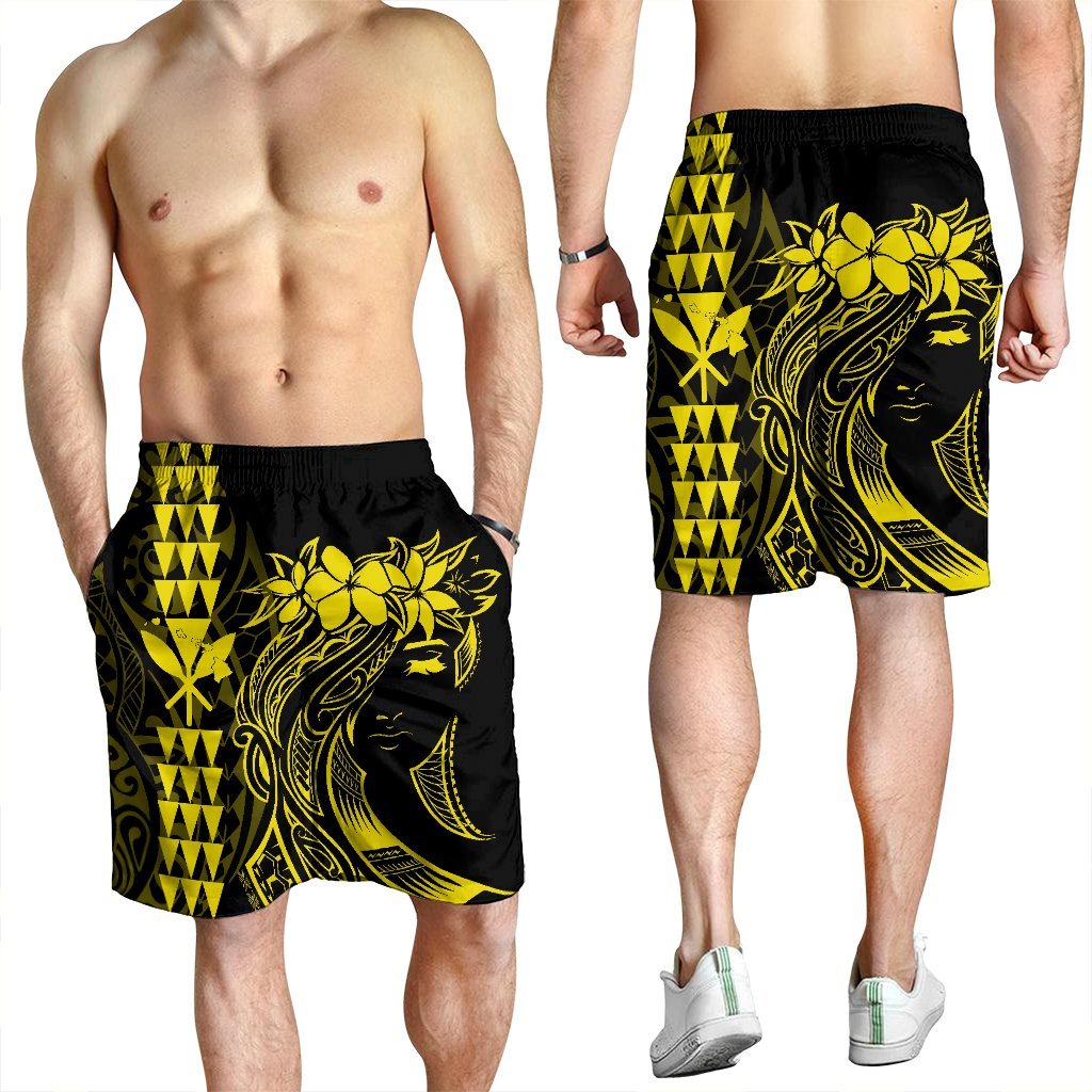Hawaii Map Kanaka Polynesian Hula Girl Men's Shorts Yellow - AH - J5C - Polynesian Pride