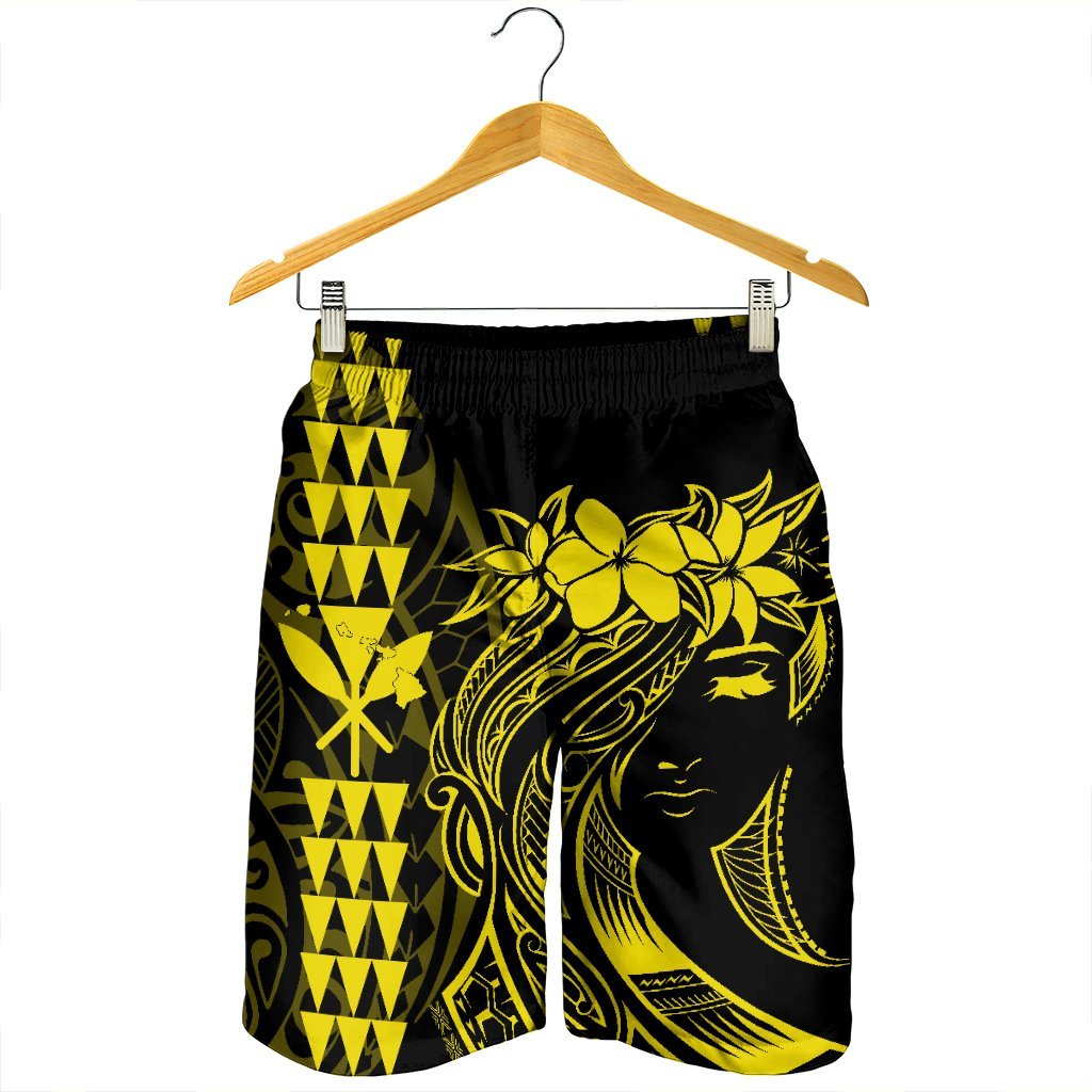 Hawaii Map Kanaka Polynesian Hula Girl Men's Shorts Yellow - AH - J5C - Polynesian Pride