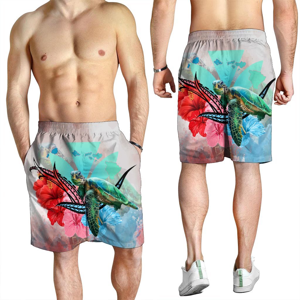 Hawaii Map Kanaka Sea Turtle Hibiscus Men's Shorts - AH - Blue Pink - Polynesian Pride