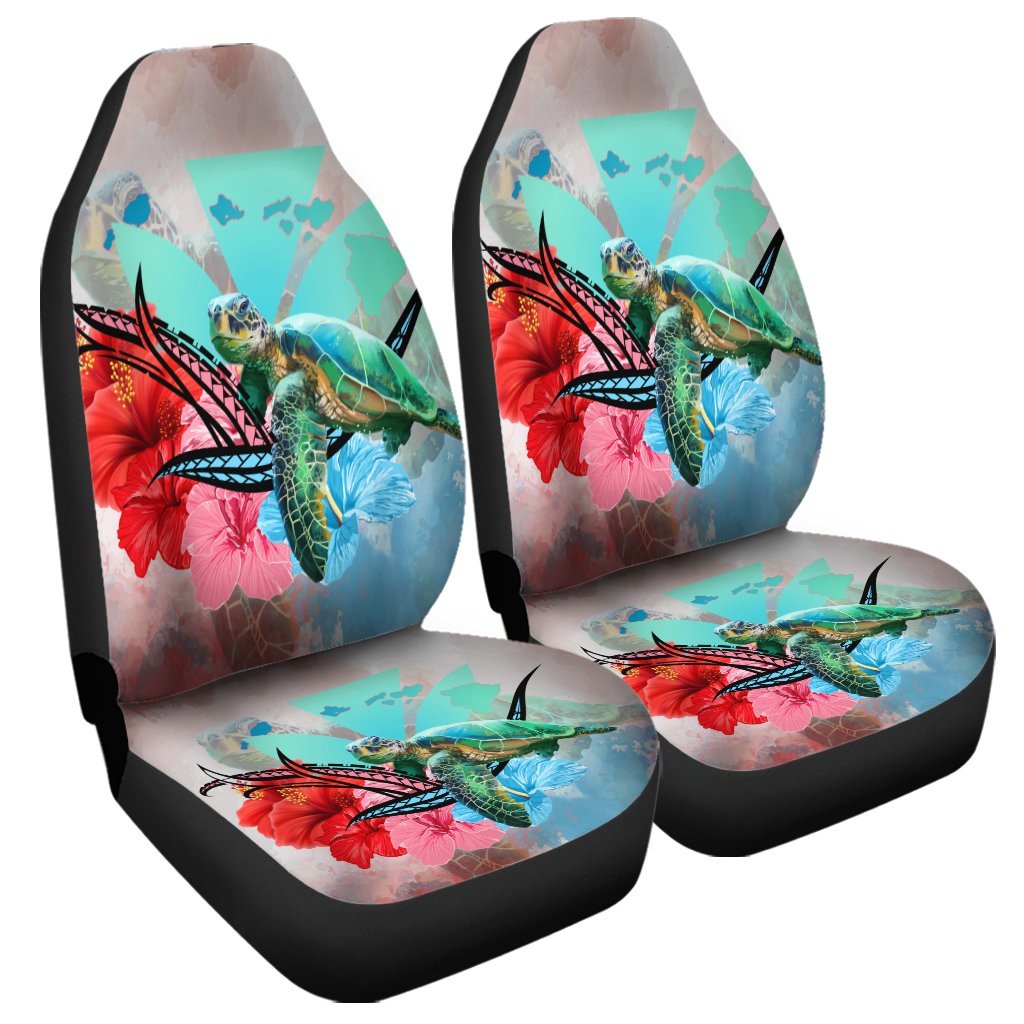 Hawaii Map Kanaka Sea Turtle Hibiscus Car Seat Covers - AH - Blue Pink Universal Fit Black - Polynesian Pride