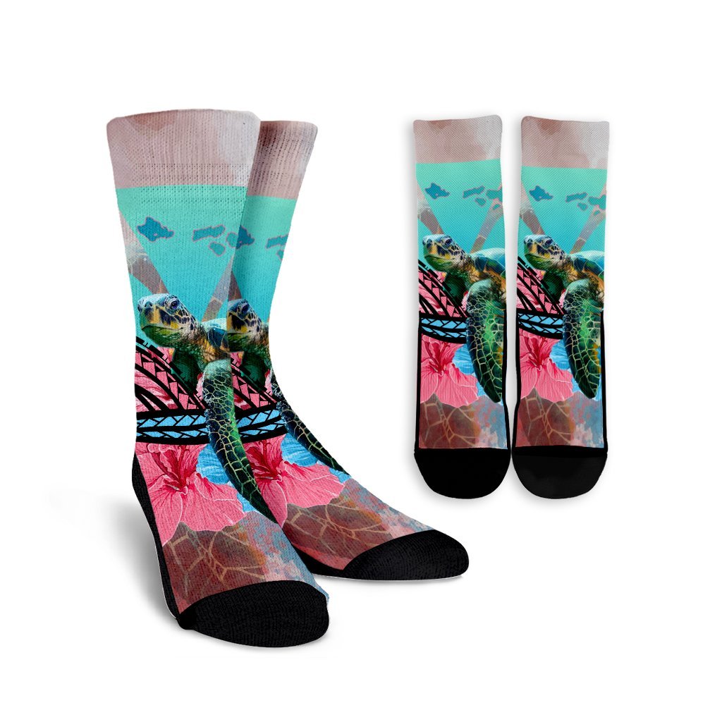 Hawaii Map Kanaka Sea Turtle Hibiscus Crew Socks - AH - Blue Pink Crew Socks White - Polynesian Pride