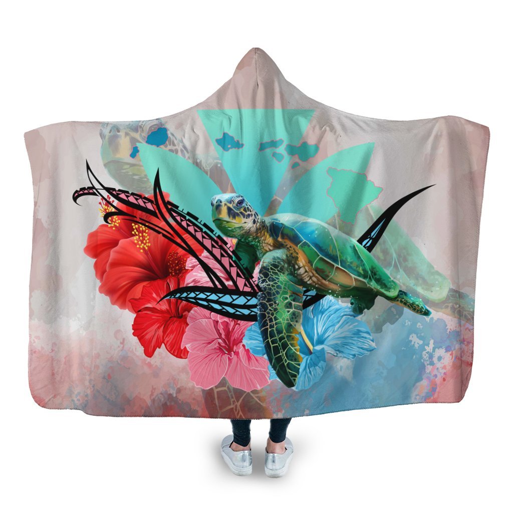 Hawaii Map Kanaka Sea Turtle Hibiscus Hooded Blanket - AH - Blue Pink Hooded Blanket White - Polynesian Pride