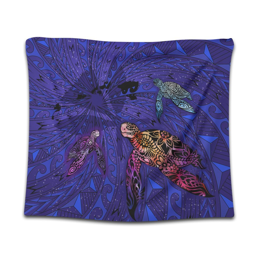 Hawaii Map Kanaka Turtle Tapestry - Volcano Style - Galaxy - AH Wall Tapestry Black - Polynesian Pride