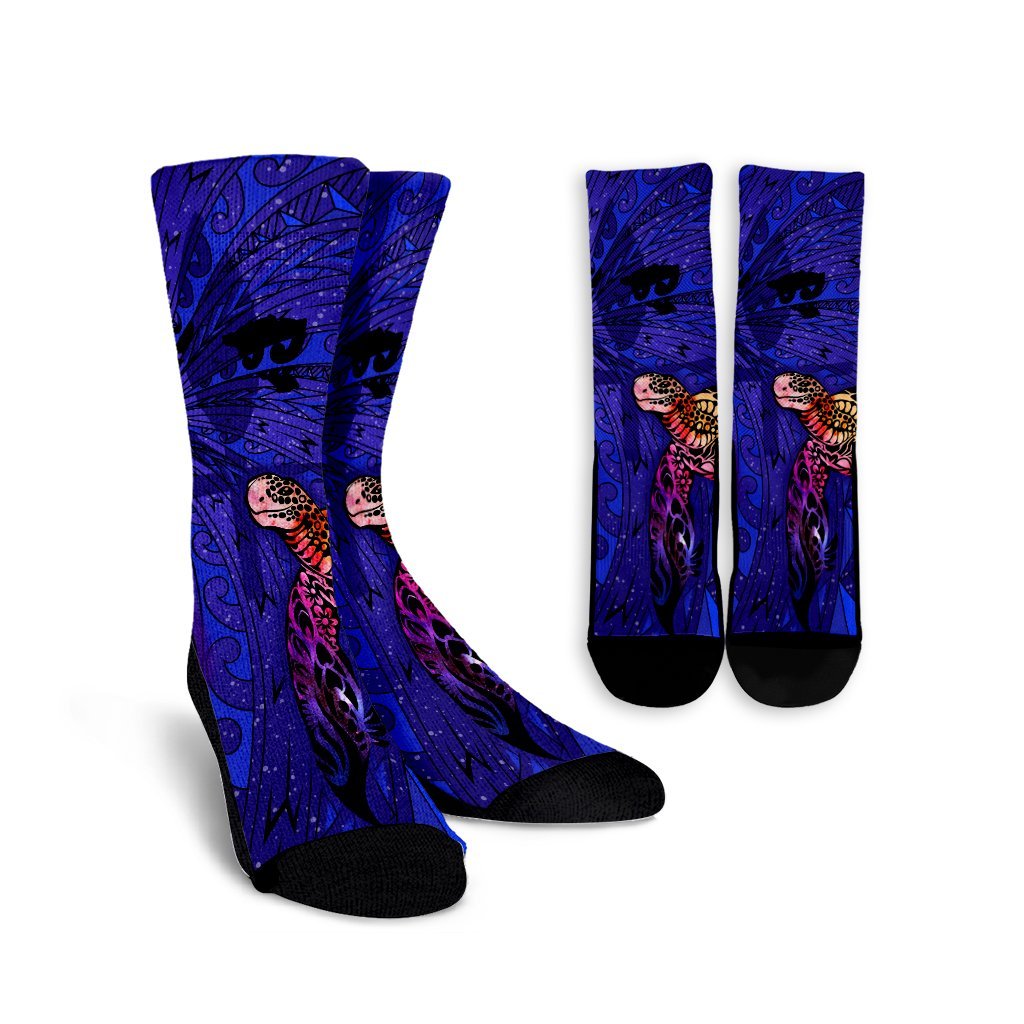 Hawaii Map Kanaka Turtle Crew Socks - Volcano Style - Galaxy - AH Crew Socks White - Polynesian Pride