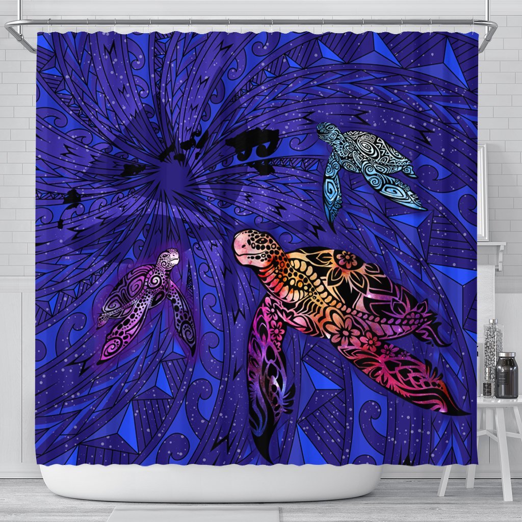 Hawaii Map Kanaka Turtle Shower Curtain - Volcano Style - Galaxy - AH 177 x 172 (cm) Black - Polynesian Pride