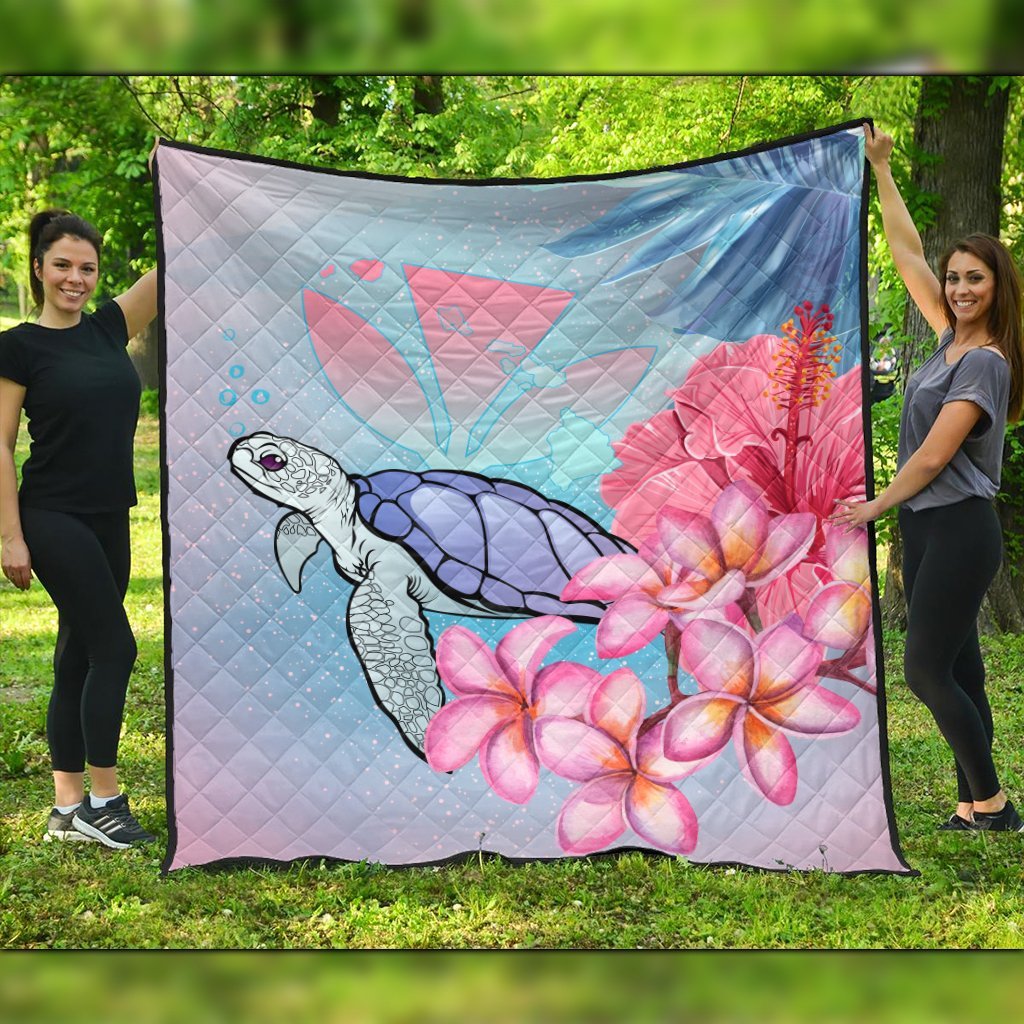 Hawaii Map Kanaka Turtle Galaxy Night Plumeria Hibiscus Premium Quilts - AH Black - Polynesian Pride