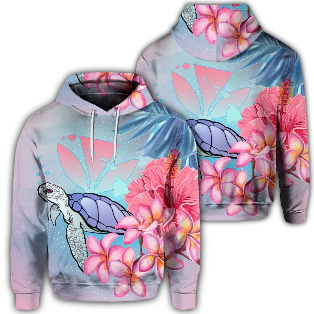 Hawaiian Map Kanaka Turtle Galaxy Night Plumeria Hibiscus Hoodie Unisex Art - Polynesian Pride