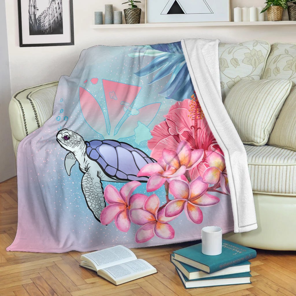 Hawaii Map Kanaka Turtle Galaxy Night Plumeria Hibiscus Premium Blankets - AH White - Polynesian Pride