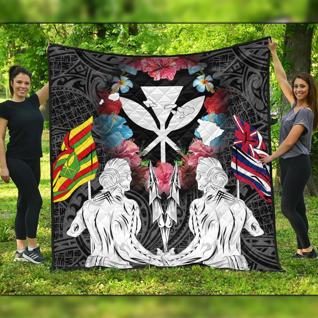 Hawaii Map Kanaka Two Men Holding Flag Premium Quilts - AH Black - Polynesian Pride