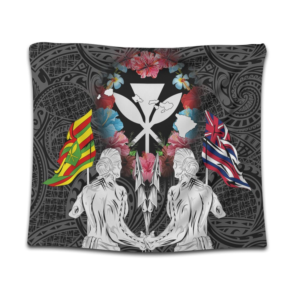 Hawaii Map Kanaka Two Men Holding Flag Tapestry - AH Wall Tapestry Black - Polynesian Pride