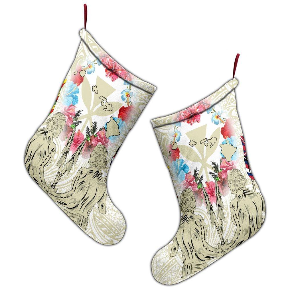 Hawaii Map Kanaka Two Men Holding Flag Christmas Stocking Beige - AH - Polynesian Pride