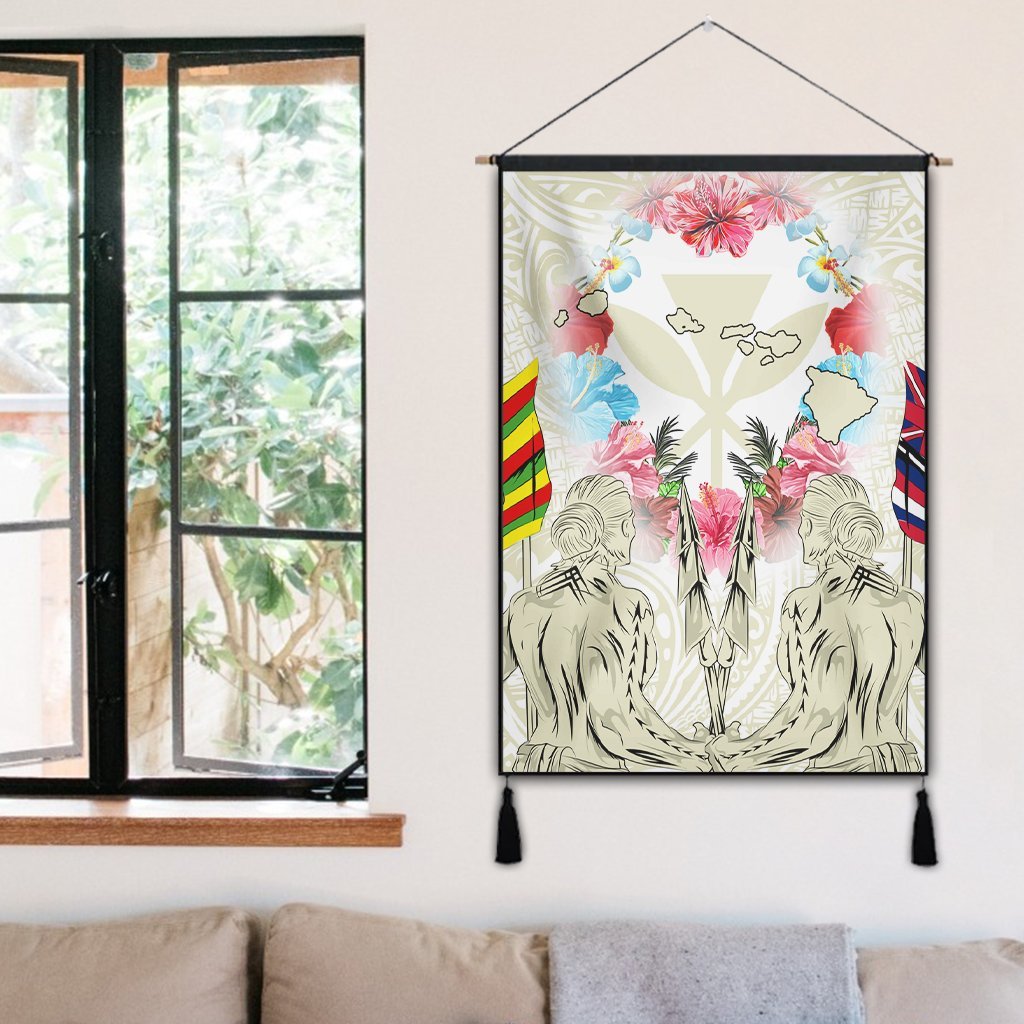 Hawaii Map Kanaka Two Men Holding Flag Hanging Poster Beige - AH - Polynesian Pride