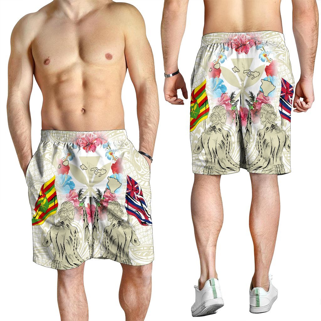 Hawaii Map Kanaka Two Men Holding Flag Men's Shorts Beige - AH - Polynesian Pride