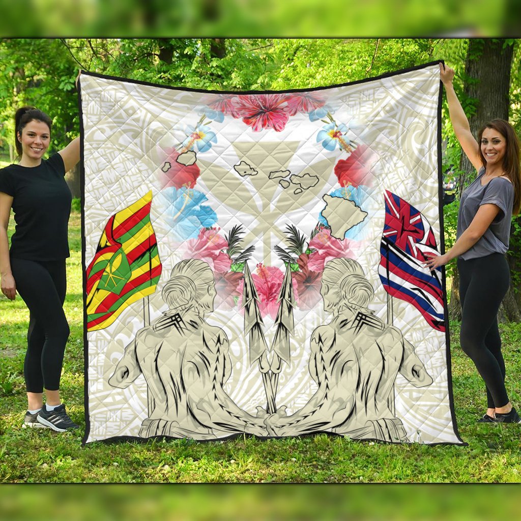 Hawaii Map Kanaka Two Men Holding Flag Premium Quilts Beige - AH Black - Polynesian Pride