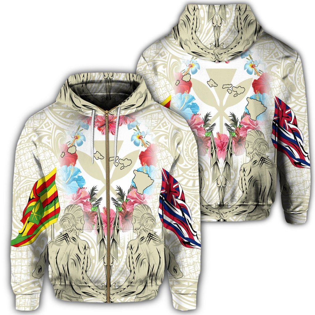 Hawaii Map Kanaka Two Men Holding Flag Zip Hoodie Beige Unisex Art - Polynesian Pride