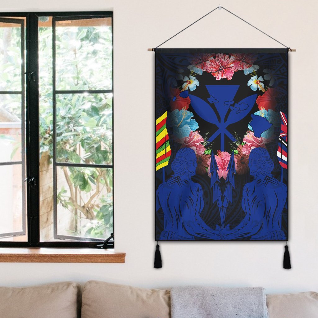 Hawaii Map Kanaka Two Men Holding Flag Hanging Poster Blue - AH - Polynesian Pride