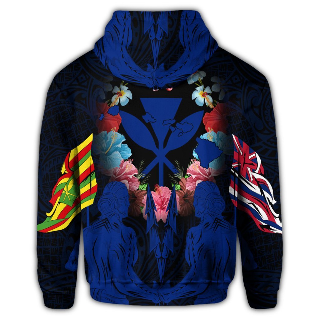 Hawaiian Map Kanaka Two Men Holding Flag Hoodie Blue - Polynesian Pride