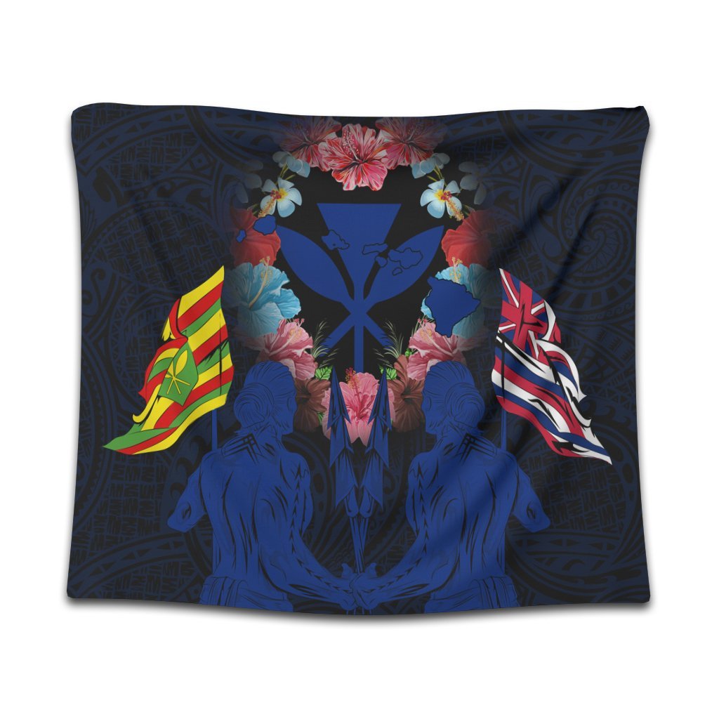 Hawaii Map Kanaka Two Men Holding Flag Tapestry Blue - AH Wall Tapestry Black - Polynesian Pride