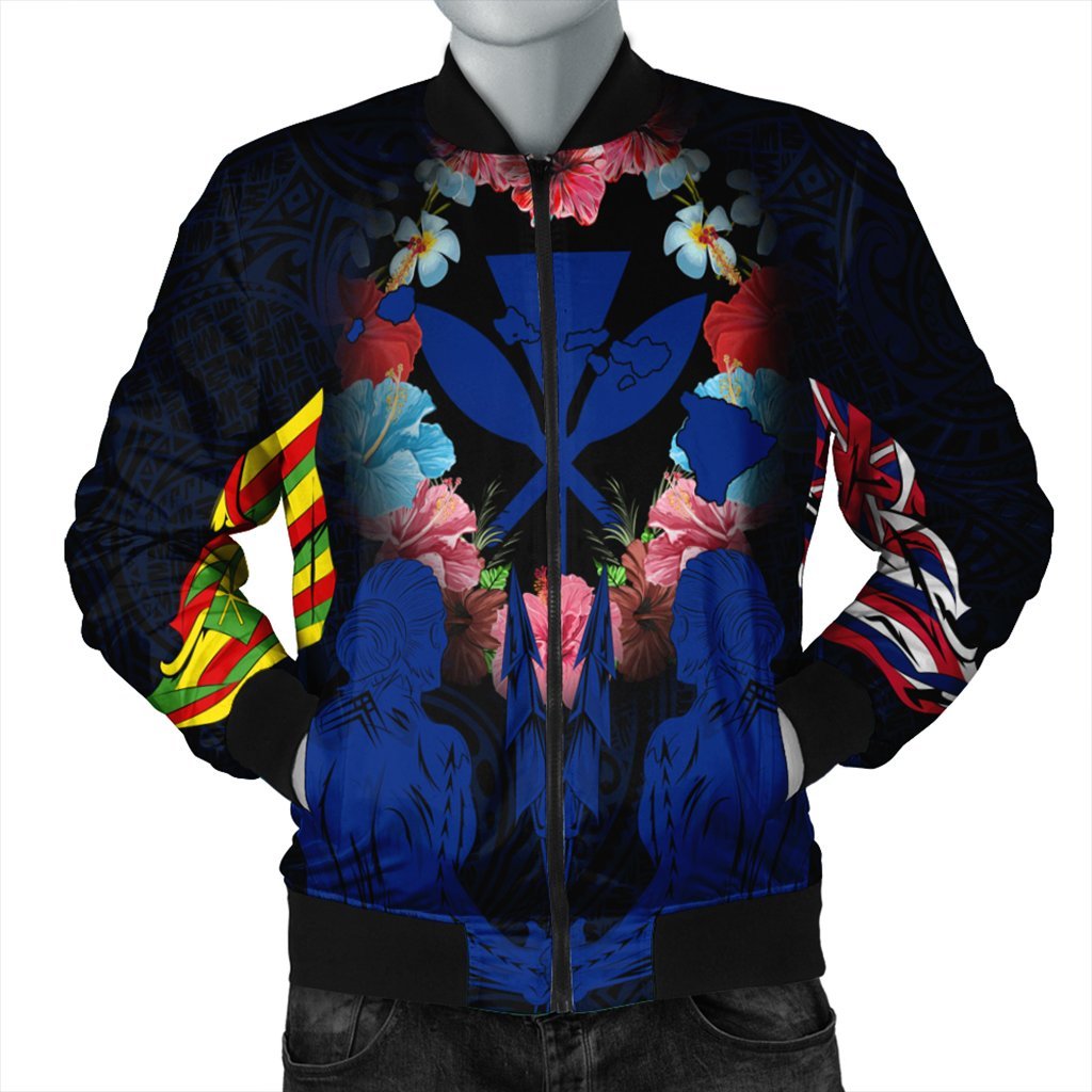 Hawaii Map Kanaka Two Men Holding Flag Bomber Jacket Blue - AH Black - Polynesian Pride