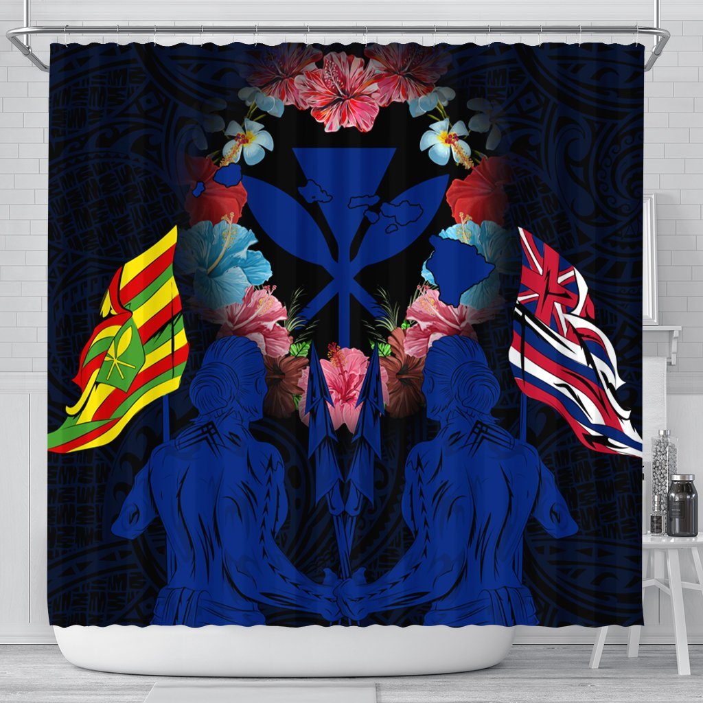 Hawaii Map Kanaka Two Men Holding Flag Shower Curtain Blue - AH 177 x 172 (cm) Black - Polynesian Pride