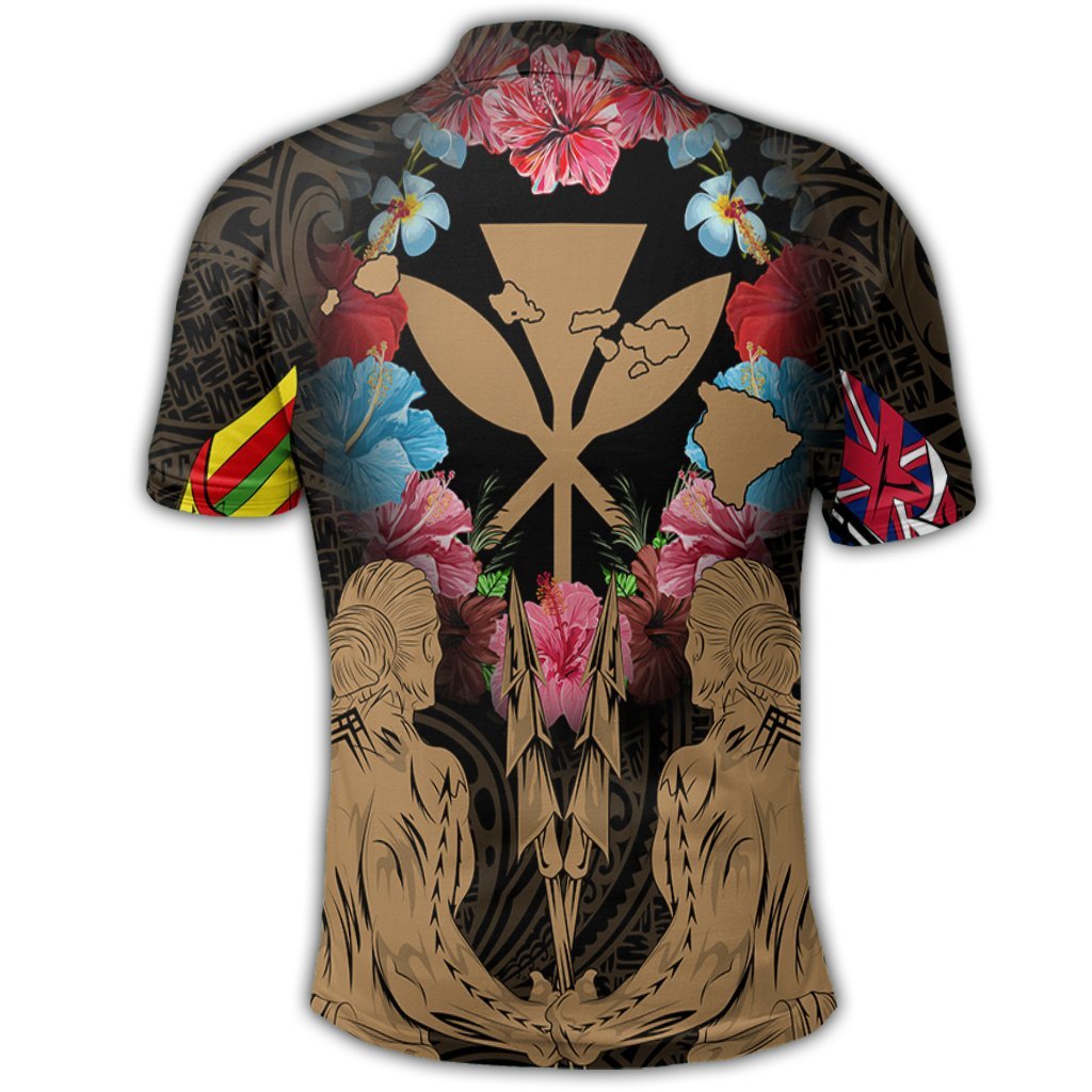 Hawaii Map Kanaka Two Men Holding Flag Polo Shirt Gold - Polynesian Pride