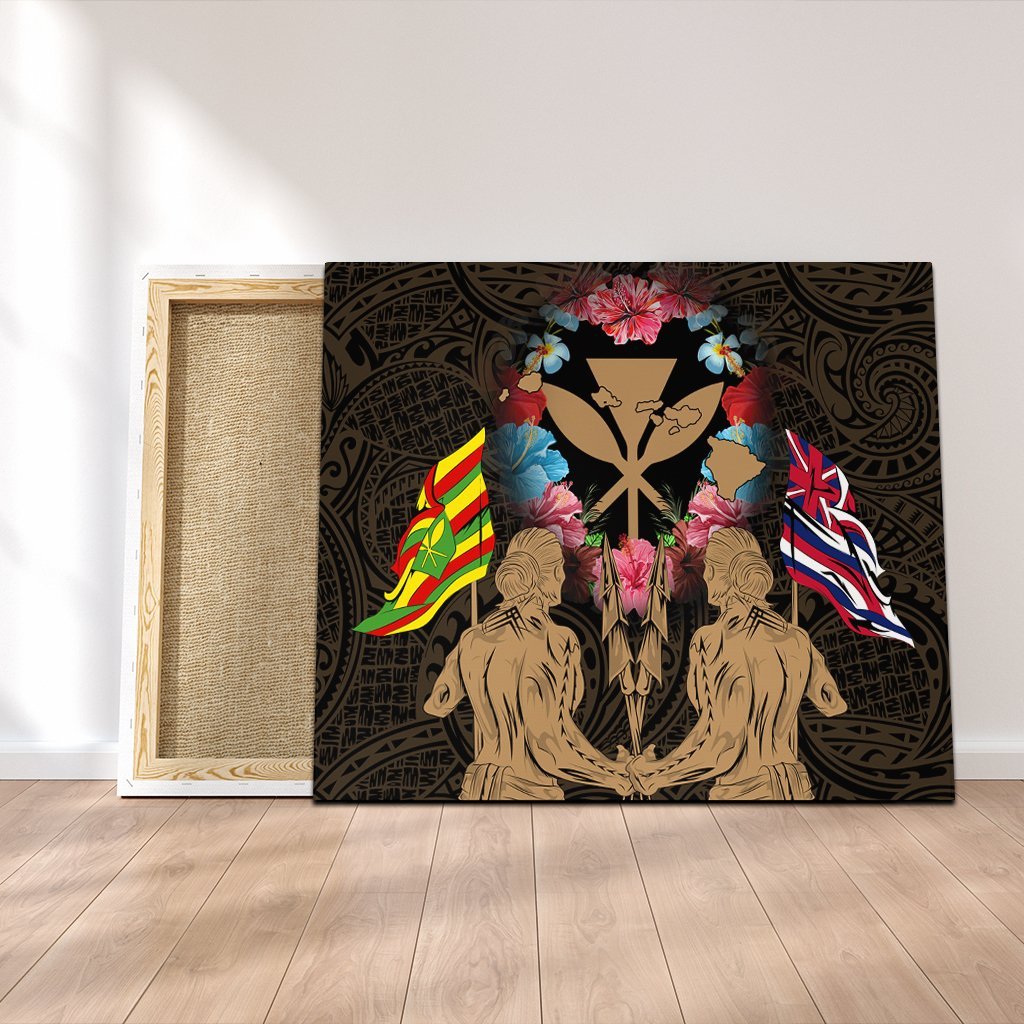 Hawaii Map Kanaka Two Men Holding Flag Canvas Gold - AH Canvas Poly-cotton - Polynesian Pride