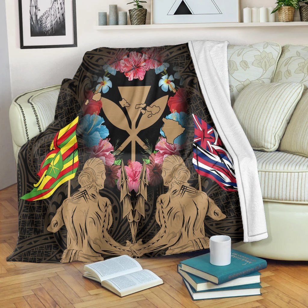 Hawaii Map Kanaka Two Men Holding Flag Premium Blankets Gold - AH White - Polynesian Pride