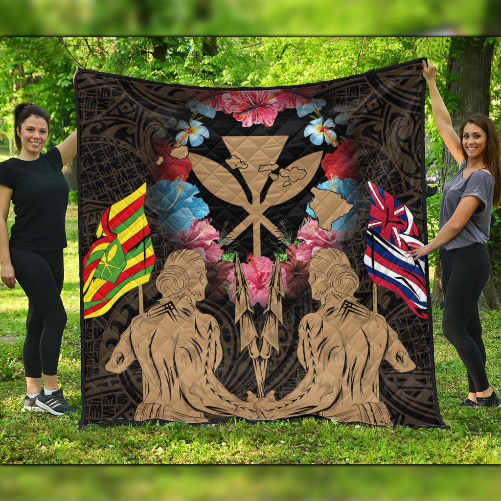 Hawaii Map Kanaka Two Men Holding Flag Premium Quilts Gold - AH Black - Polynesian Pride