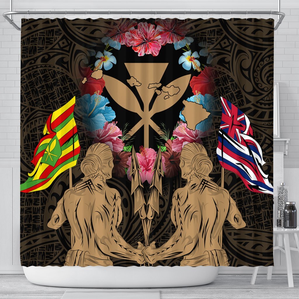 Hawaii Map Kanaka Two Men Holding Flag Shower Curtain Gold - AH 177 x 172 (cm) Black - Polynesian Pride