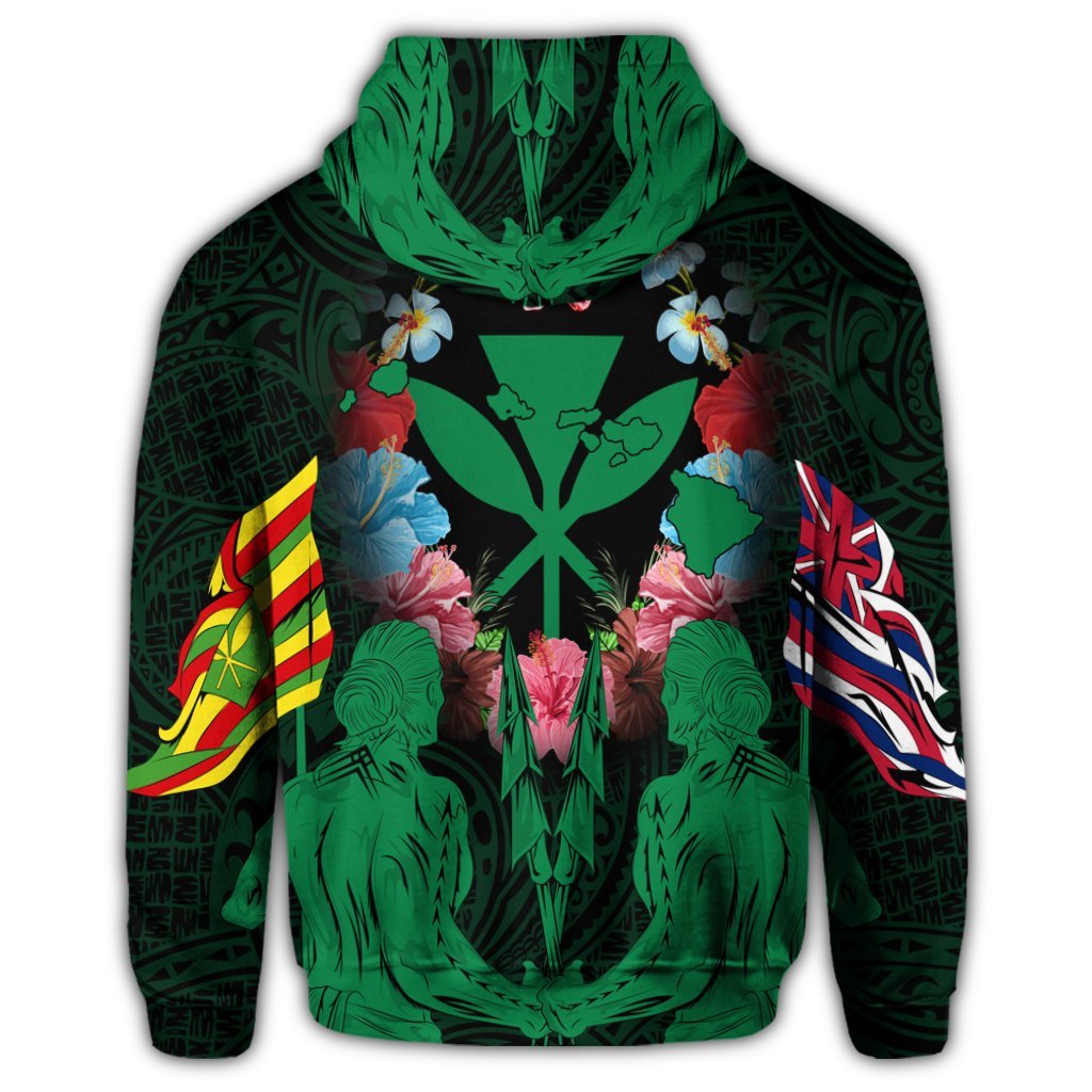 Hawaii Map Kanaka Two Men Holding Flag Hoodie Green - Polynesian Pride