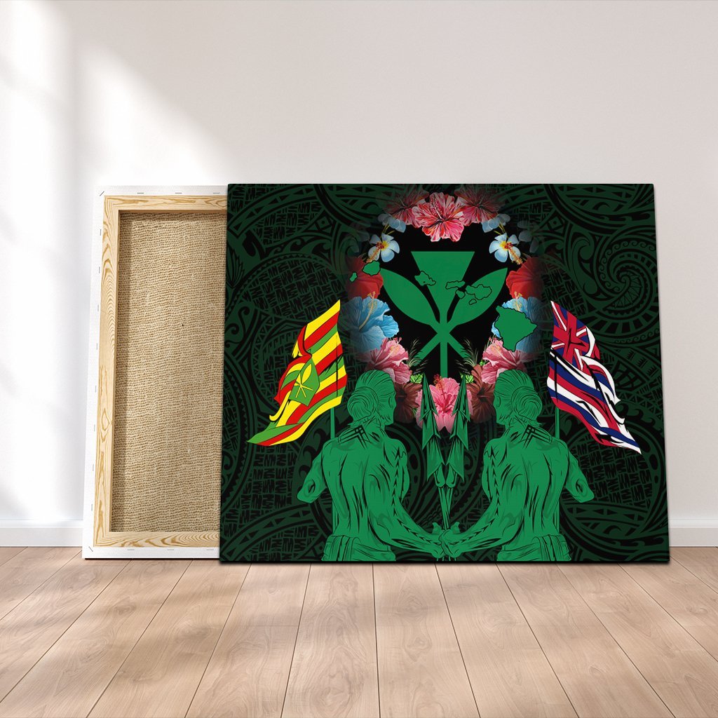 Hawaii Map Kanaka Two Men Holding Flag Canvas Green - AH Canvas Poly-cotton - Polynesian Pride