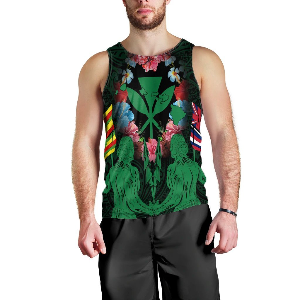 Hawaii Map Kanaka Two Men Holding Flag Tank Top Green - AH Black - Polynesian Pride