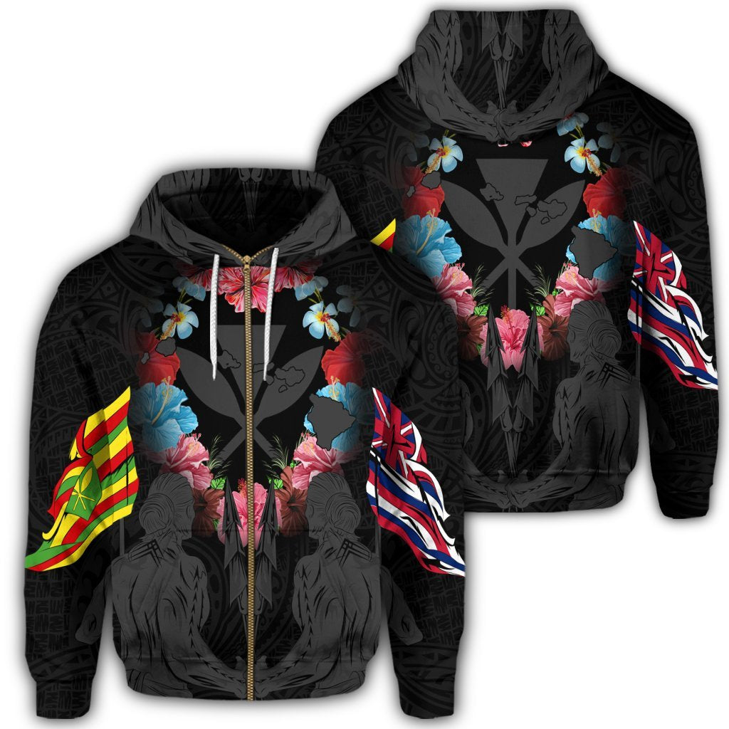 Hawaii Map Kanaka Two Men Holding Flag Zip Hoodie Grey Polyester - Polynesian Pride