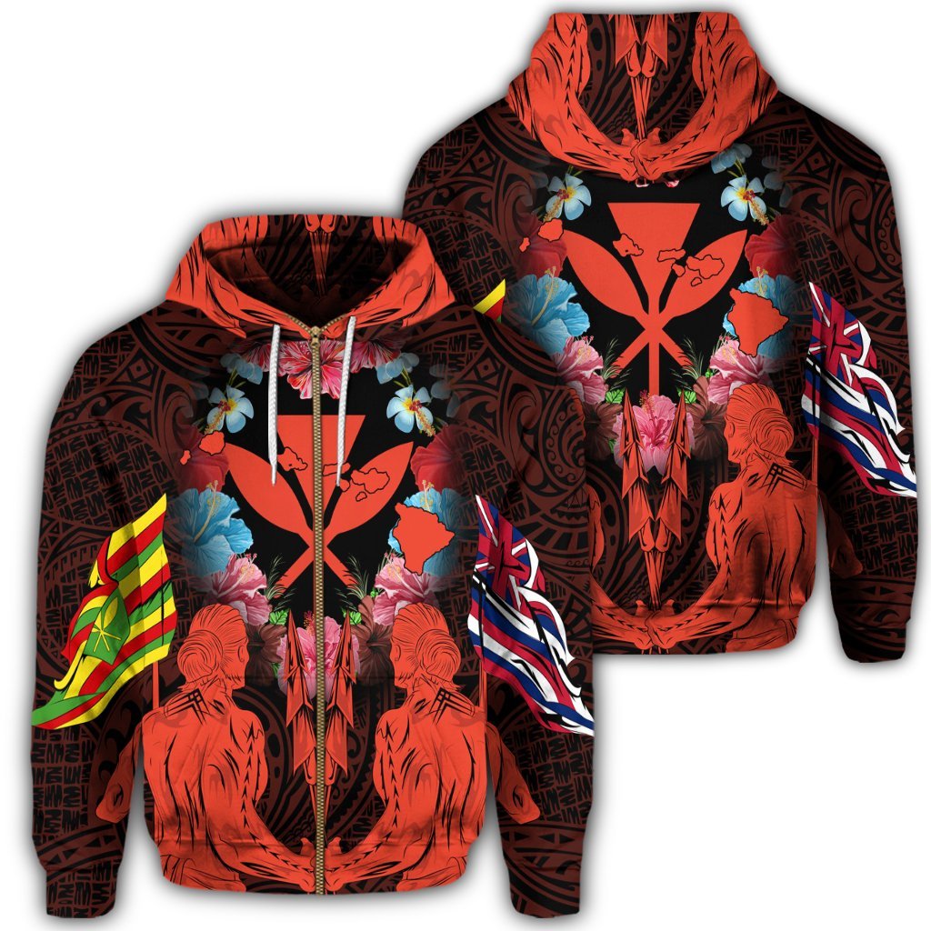 Hawaii Map Kanaka Two Men Holding Flag Zip Hoodie Orange Unisex Art - Polynesian Pride