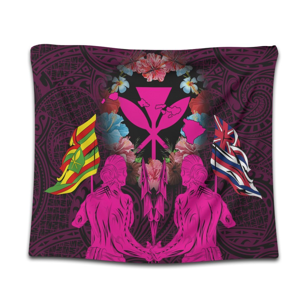 Hawaii Map Kanaka Two Men Holding Flag Tapestry Pink - AH Wall Tapestry Black - Polynesian Pride