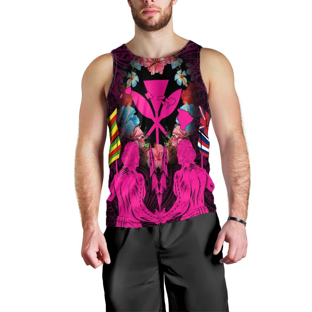 Hawaii Map Kanaka Two Men Holding Flag Tank Top Pink - AH Black - Polynesian Pride