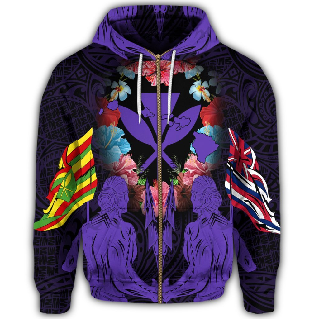 Hawaii Map Kanaka Two Men Holding Flag Zip Hoodie Purple - Polynesian Pride