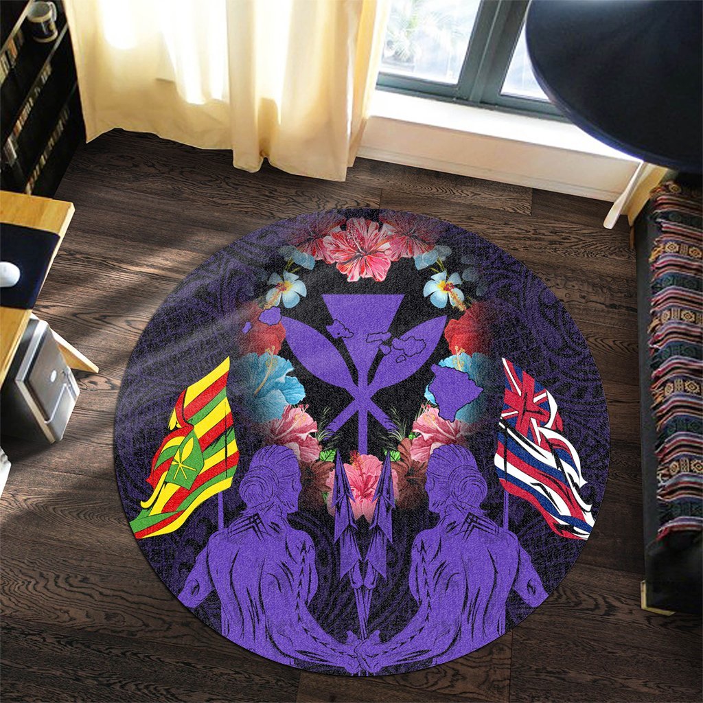 Hawaii Map Kanaka Two Men Holding Flag Round Carpet Purple - AH - Polynesian Pride