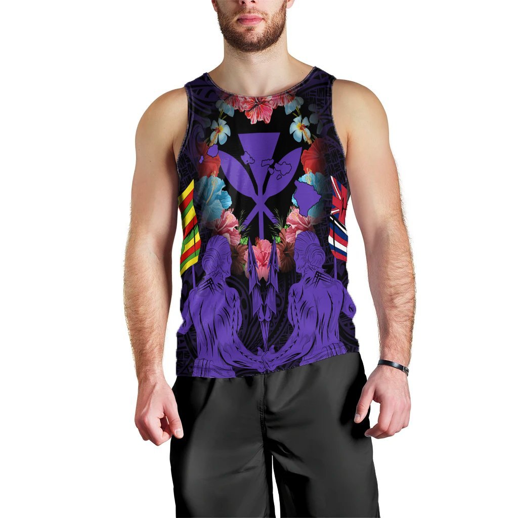 Hawaii Map Kanaka Two Men Holding Flag Tank Top Purple - AH Black - Polynesian Pride