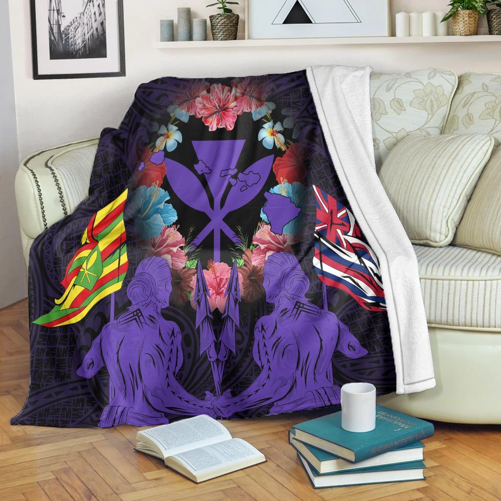 Hawaii Map Kanaka Two Men Holding Flag Premium Blankets Purple - AH White - Polynesian Pride