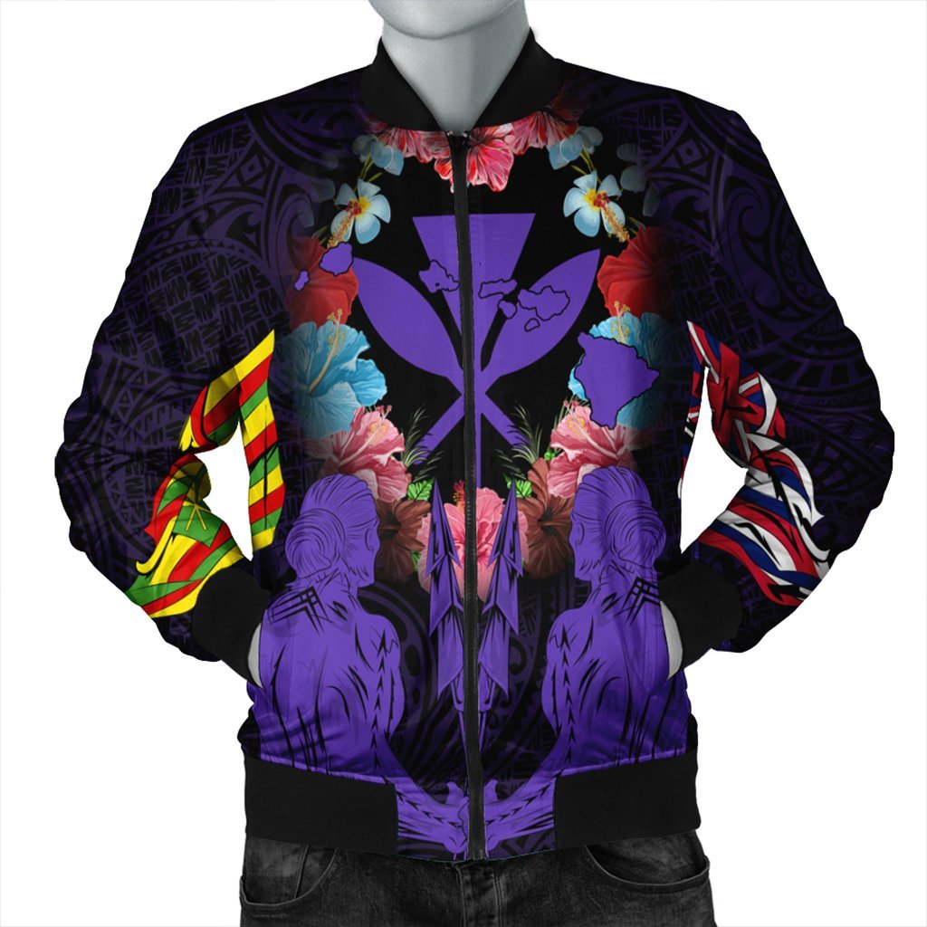 Hawaii Map Kanaka Two Men Holding Flag Bomber Jacket Purple - AH Black - Polynesian Pride