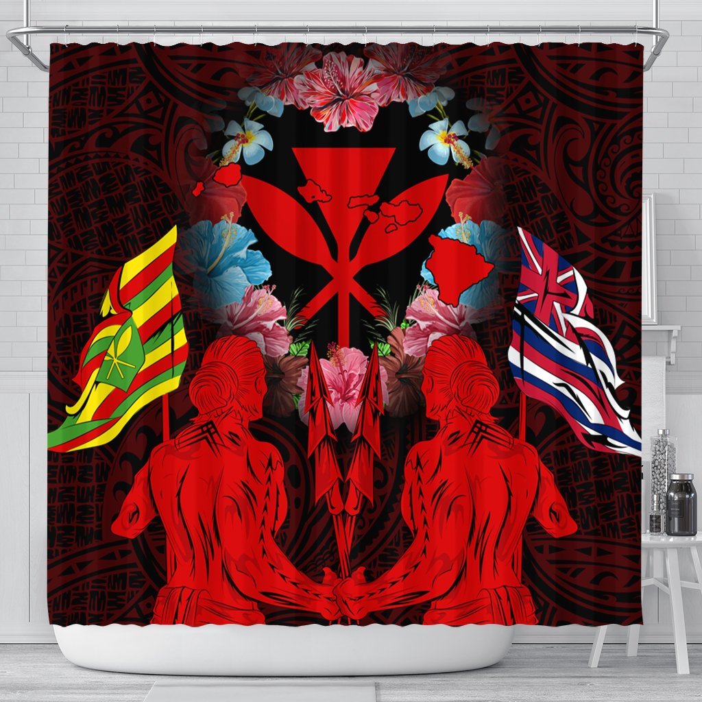 Hawaii Map Kanaka Two Men Holding Flag Shower Curtain Red - AH 177 x 172 (cm) Black - Polynesian Pride