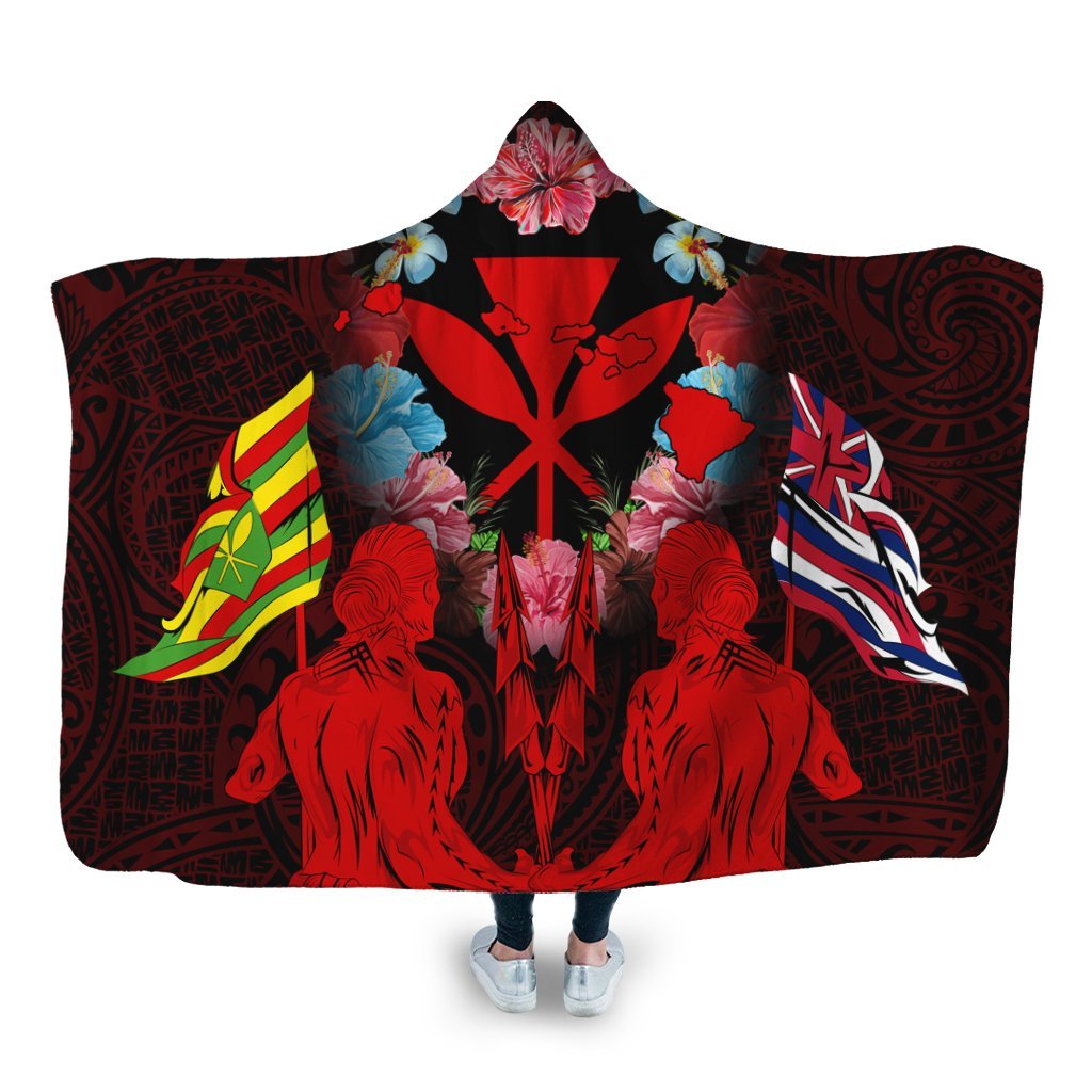 Hawaii Map Kanaka Two Men Holding Flag Hooded Blanket Red - AH Hooded Blanket White - Polynesian Pride