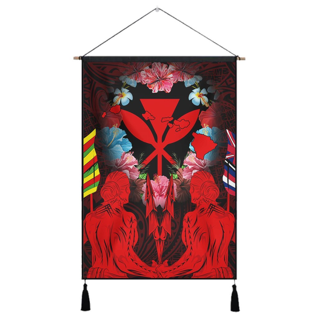 Hawaii Map Kanaka Two Men Holding Flag Hanging Poster Red - AH Hanging Poster Cotton And Linen - Polynesian Pride