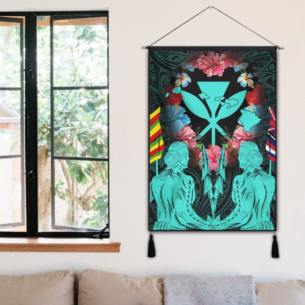Hawaii Map Kanaka Two Men Holding Flag Hanging Poster Turquoise - AH - Polynesian Pride