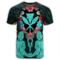 Hawaii Map Kanaka Two Men Holding Flag T Shirt Turquoise - Polynesian Pride