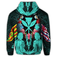Hawaii Map Kanaka Two Men Holding Flag Zip Hoodie Turquoise - Polynesian Pride
